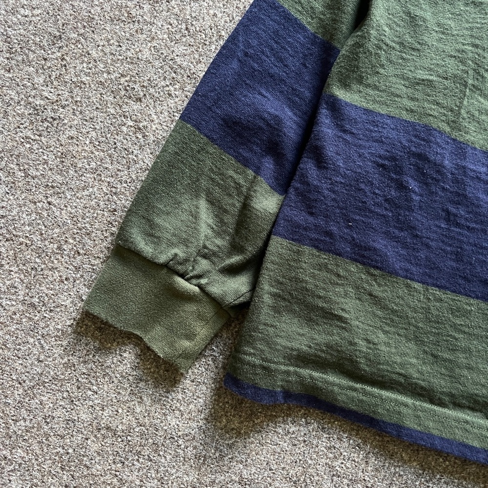 Vintage ‘92 Lands End Rugby Long Sleeve Polo Denim Collar Green Blue Stripe XL - Picture 2 of 16